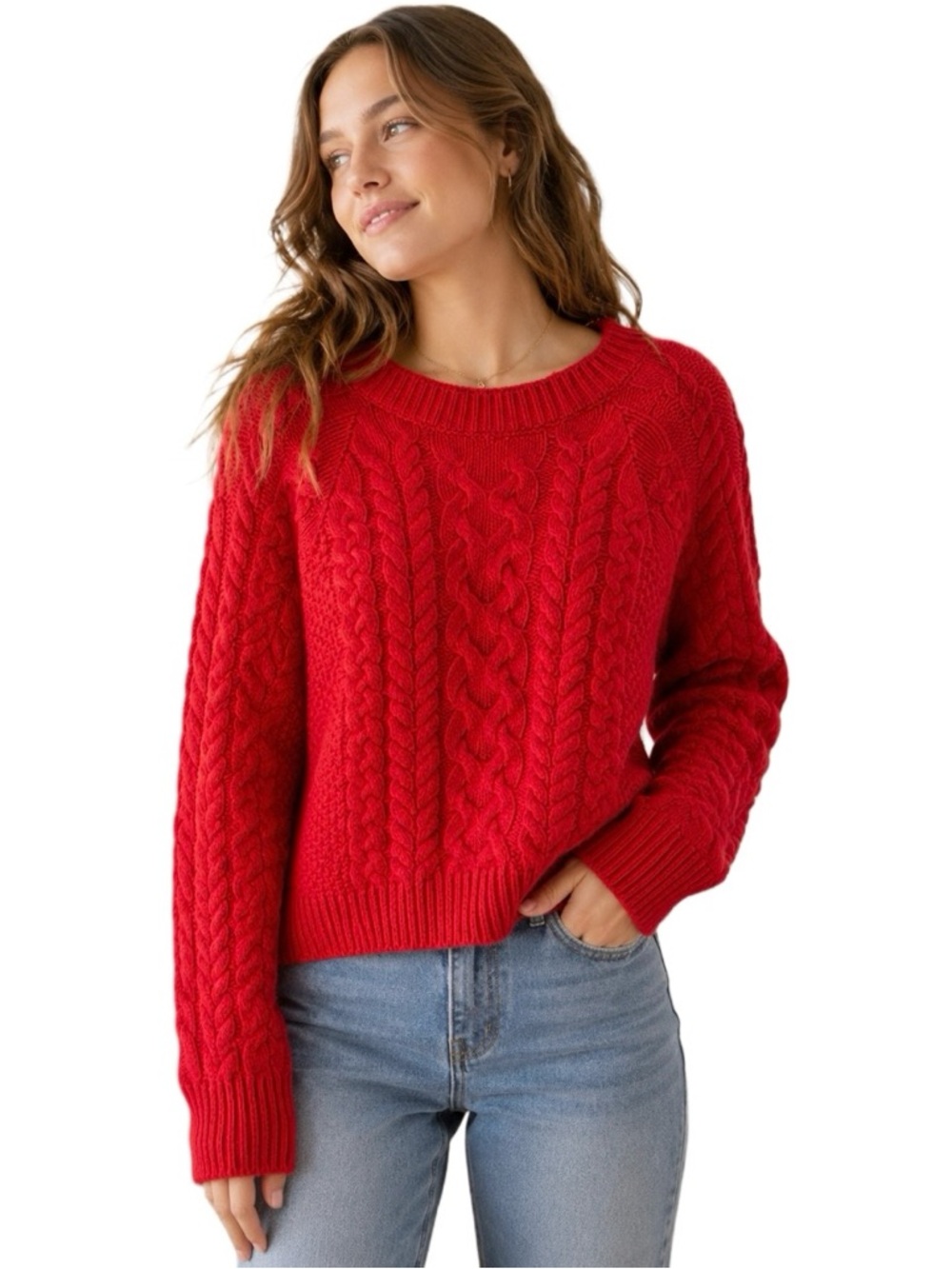 American eagle Aerie red Cable Knit Crewneck Sweater size small